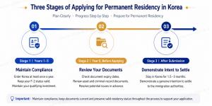 Infographic titled "Three Stages of Applying for Permanent Residency in Korea," mapping the F-2 to F-5 visa transition. Stage 1 (Years 1-5) covers maintaining compliance and qualifying investments; Stage 2 (Year 5) outlines reviewing asset and criminal-re