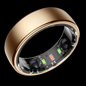 Close-up of KEHON RING screenless wellness wearable in classic gold finish, showcasing internal high-precision biometric sensors.