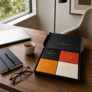 The 2026 Master's Selection 4-flavor tasting set of authentic charcoal-roasted Phoenix Dancong Oolong tea, elegantly presented for mindful daily rituals and premium corporate gifting.