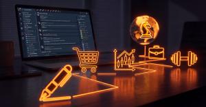 Glowing orange icons for ecommerce, business, and fitness above a laptop showing The Real World platform interface.
