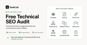 SeekLab free technical SEO audit visual showing website checks for crawlability, indexing, broken links, page structure, duplicate content, performance, sitemaps, international SEO and HTTPS.