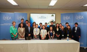 Young Participants and guest speakers gathered in the United Nations Correspondents Association room during the International Youth Day Youth Dialogue