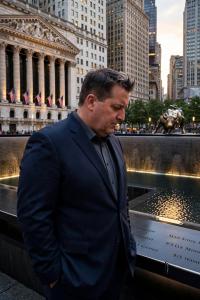 William Branley reflections on Wall St in front of the iconic bull and 9/11 memorial