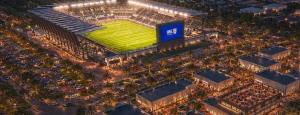 Aerial rendering of the Space Coast Pro Soccer USL stadium and mixed-use district in Melbourne, Florida