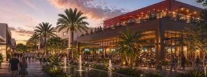 Street-level rendering of the mixed-use retail and dining district at the Space Coast Pro Soccer stadium site in Melbourne, Florida