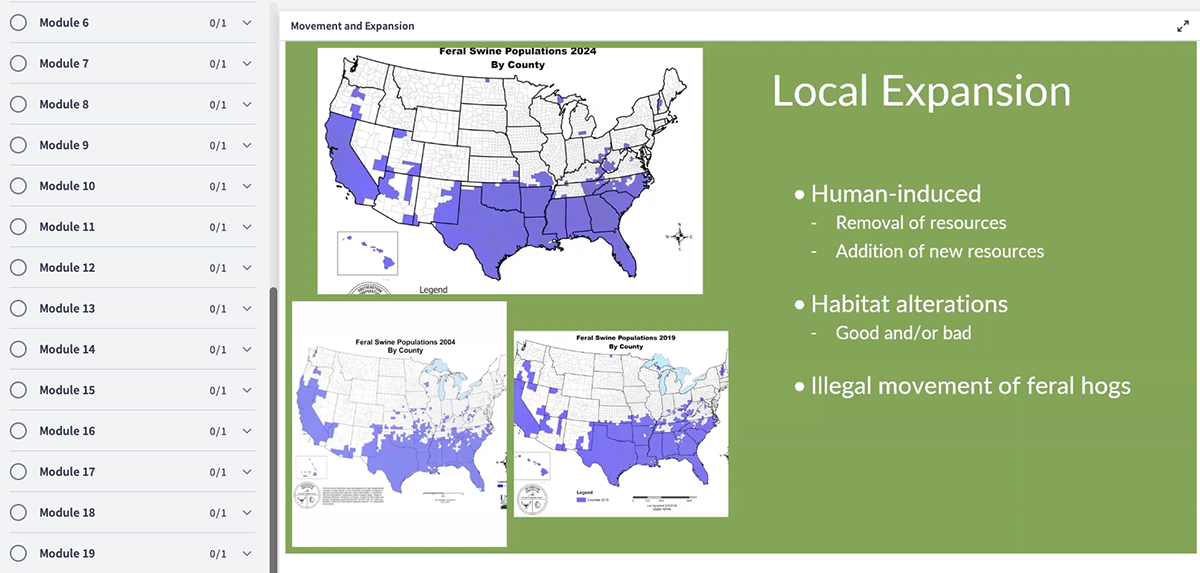 Another chart from the course showing the growth of the feral hog problem in North America using charts from different periods of time.