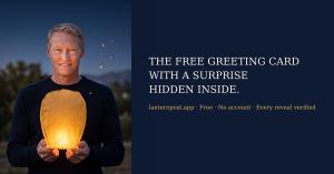Lindsay Hiebert, founder of Lantern Post, smiling at dusk and holding a glowing paper lantern, beside the headline The free greeting card with a surprise hidden inside