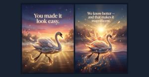 Two panels of a Lantern Post greeting card showing a swan on golden water. The front reads You made it look easy. The inside reads We know better, and that makes it magnificent.