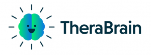 TheraBrain logo featuring a smiling green and blue brain icon with radiating sunbeams next to the text "TheraBrain".