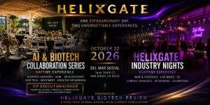 Promotional flyer for the Helixgate AI & Biotech Collaboration Series and Helixgate Industry Nights on October 22, 2026, at Del Mar Social in San Diego, featuring daytime collaboration, an Executive Dinner and an evening networking celebration.