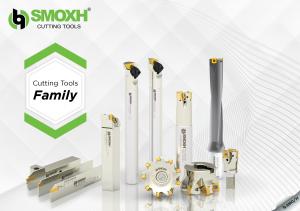 Range of SMOXH indexable cutting tools including grooving blades, boring bars, milling cutters and an indexable drill