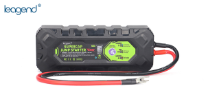 A black leagend battery-free supercap jump starter JS300 with a green lable in the picture