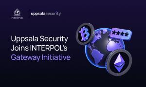 Graphic announcing Uppsala Security’s participation in INTERPOL’s Gateway Initiative, featuring both organizations’ logos, a globe, and Bitcoin and Ethereum symbols.