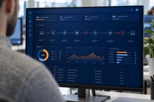 Mitarbeiter blickt auf einen Monitor mit Cybersicherheits-Dashboard: Kennzahlen oben, eine Angriffskette mit zwei blockierten Schritten in der Mitte, darunter ein Kreisdiagramm, ein Zeitverlaufs-Chart und Balkendiagramme in Blau und Orange.