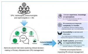 Visual abstract summarizing clinician, diagnostic, access, and health-system barriers to primary aldosteronism diagnosis.