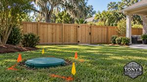 Louisiana backyard with wood fence, septic access lid and utility markings before fence installation