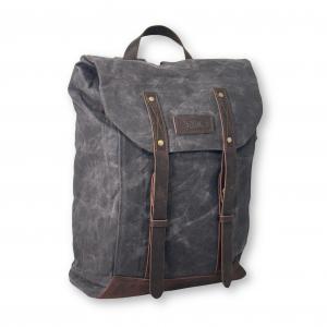 Purnell Large Waxed Canvas Travel Backpack in heavyweight waxed canvas with padded laptop compartment and leather trim.