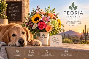 Peoria Florist promotional image featuring a golden retriever beside a colorful floral arrangement at sunset, with Arizona desert scenery and messaging for fresh flowers, same-day delivery, local roots, and special moments.