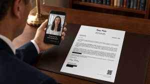 Man at a desk watches a personal farewell video on his phone beside a LORii resignation letter, illustrating how VidR connects written correspondence to video messages through a QR code.