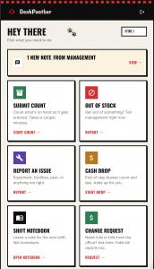 DeskPanther mobile home screen for shop employees with tap targets for submit count, out of stock, report an issue, cash drop, shift notebook, and change request.