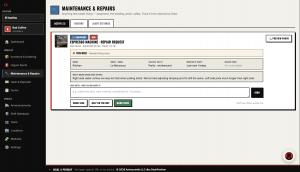 DeskPanther maintenance and repairs screen showing an espresso machine repair request with a photo, location, model, severity, and status controls for the owner.