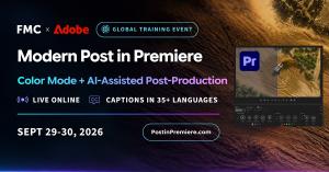 FMC x Adobe banner for Modern Post in Premiere, a live online Color Mode and AI post-production training event, Sept 29–30, 2026