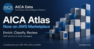 AICA Atlas AWS Marketplace launch graphic with stacked blue and white blocks representing structured product data. Text highlights enrichment, classification and support for existing ERP, PIM, EAM and MDM systems.
