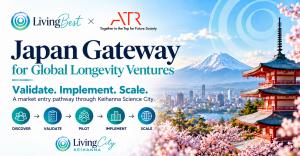 Living Best and ATR Japan Gateway graphic featuring Mount Fuji, a Japanese pagoda, and the five-stage pathway: Discover, Validate, Pilot, Implement, and Scale.