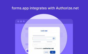 The announcement image for forms.app's Authorize.net integration
