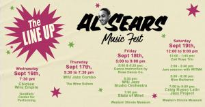 The Al Sears Music Fest 2026 lineup graphic featuring performances and activities in Macomb, Illinois, September 16–19. The schedule includes Chicken Wire Empire, WIU Jazz Combo, dance instruction, WIU Jazz Studio Orchestra, State of Mind, Zoë Rose Trio,