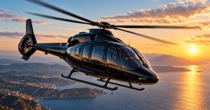 Private helicopter charter flying over a mountainous coastline at sunset