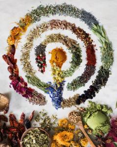 Image features Purpose Pledge logo (letter "P" that extends out into spiral shape) created using colorful, dried botanicals.