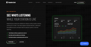 RadioCult real-time analytics dashboard showing listening now, listener sessions, unique and peak listeners, total listener hours, average session duration, a sessions trend chart, and device and OS breakdowns.