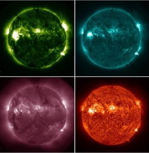 ESIS-II will record video of the Sun simultaneously at multiple extreme ultraviolet (EUV) wavelengths. The video frames will look like the images, color coded by wavelength, shown here. Starting clockwise from the top left: 9.4 nm (green), 13.1 nm (blue),