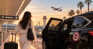 Traveler approaches a black PRIME TIME RIDESHARE SUV at LAX departures for airport transportation in Los Angeles.