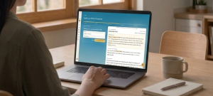 A woman at a kitchen table builds her Last Will and Testament in Dandelion, with a step-by-step progress bar and her draft document beside it.
