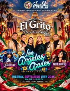 Los Ángeles Azules, headliners of El Grito 2026 at Los Angeles City Hall on September 15, 2026