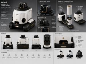 WIM-Z is an AI-powered home robot designed to monitor dogs, detect behaviors such as barking, and support positive reinforcement routines while owners are away.