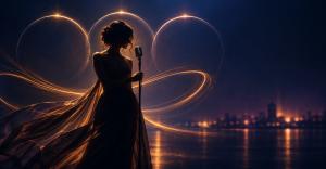 SAYELA artist launch visual with vocalist silhouette in midnight blue and amber