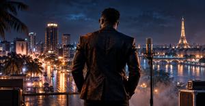 D.D. MEC album campaign visual with performer overlooking a blue and copper city at night