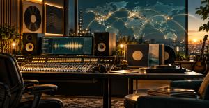 Modern music studio with global distribution lights in gold teal and charcoal