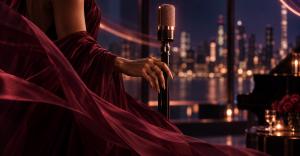 Close cinematic view of a singer holding a microphone in burgundy and midnight blue light