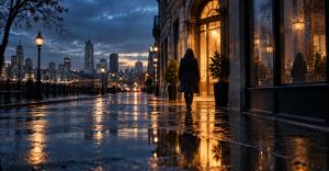 Solitary figure on a rainy city street walking toward a warm doorway in slate and amber light