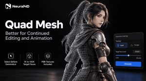 Neural4D Quad Mesh generation interface showing quadrilateral topology selection and a quad-dominant 3D character model