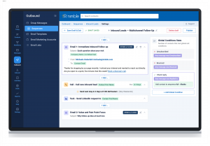 Screenshot of Nimble's AI Sequences tool showing an automated multichannel follow-up sequence with email, call, and LinkedIn steps.