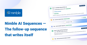 Nimble AI Sequences graphic showing an automated multichannel follow-up sequence with email, call, and LinkedIn steps