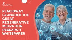 A happy elderly couple smiling together on a banner representing stem cell tourism.