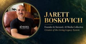 Jarett Boskovich, founder and steward of AI Media Collective, pictured beside his name and title on a dark navy and green background.
