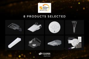 Eight Cooper Lighting Solutions lighting and controls products selected for the 2026 IES Industry Progress Report, displayed around the 2026 Selection logo.