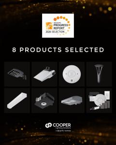Animated graphic showcasing eight Cooper Lighting Solutions lighting and controls products selected for the 2026 IES Industry Progress Report.